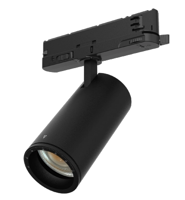 Proyector LED para su instalación en carril trifásico (Global), de gran rendimiento lumínico,selector de apertura (20-50) y de temperatura de color mediante switch, Regulador incorporado en driver para control de la intensidad de luz.