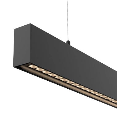 Luminaria LED lineal individual,  con óptica de alto rendimiento e indice de deslumbramiento muy bajo (UGR<16). Cuerpo fabricado en aluminio  de extrusión de alta calidad, lacado al horno y acabado texturado.