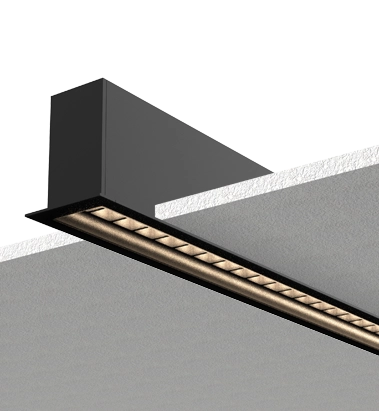 Luminaria LED lineal individual,  con óptica de alto rendimiento e indice de deslumbramiento muy bajo (UGR<16). Cuerpo fabricado en aluminio  de extrusión de alta calidad, lacado al horno y acabado texturado.