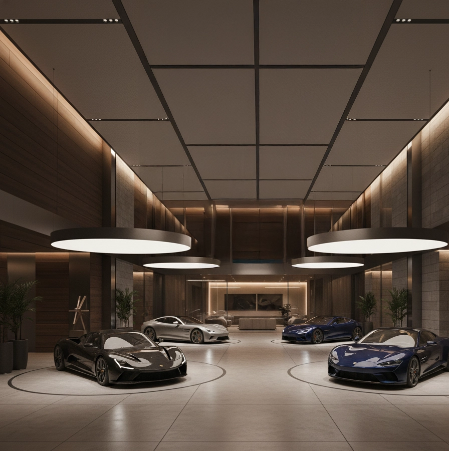 Espacio con tela tensada retroiluminada