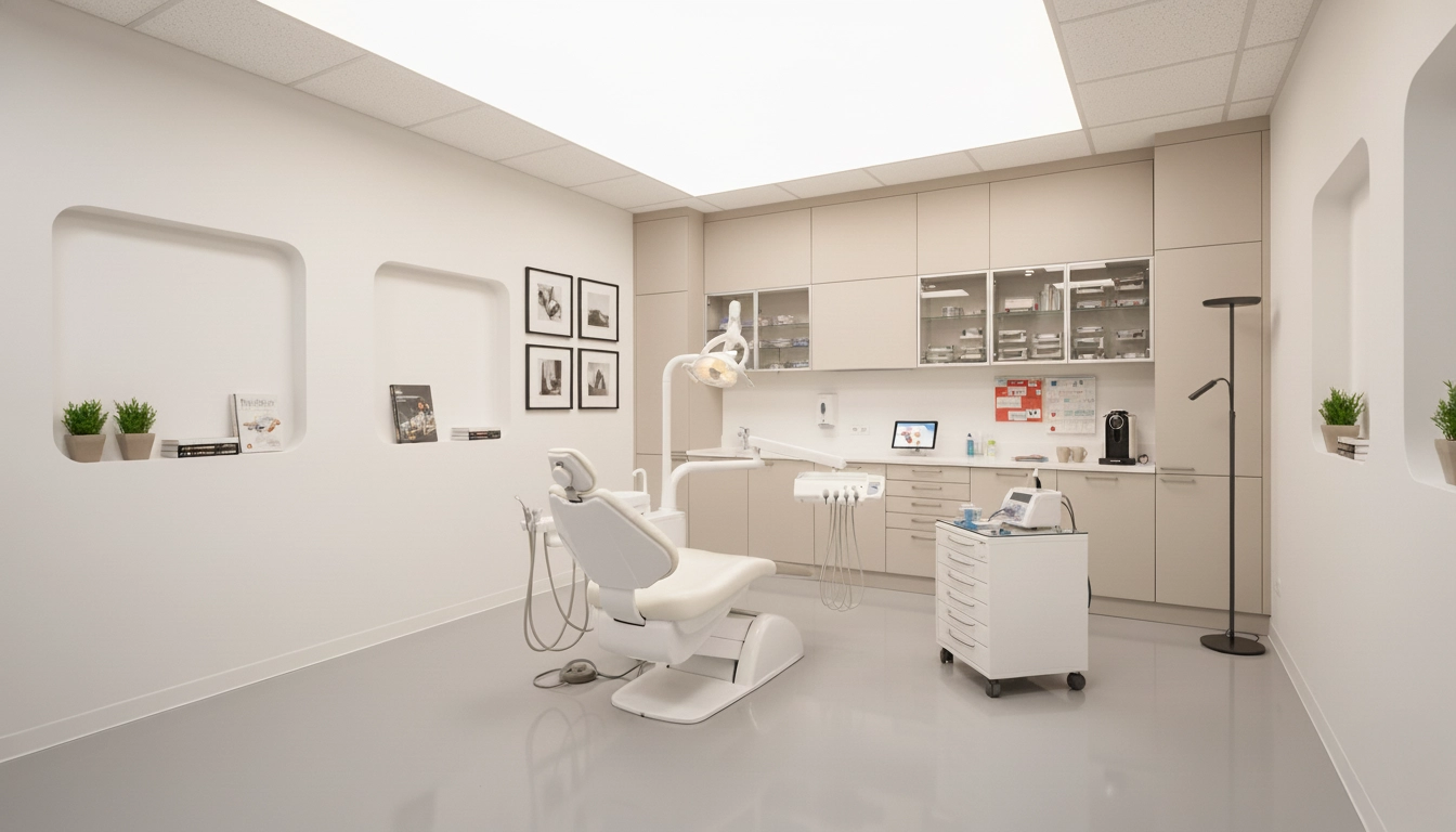 Sala de dentista moderna con iluminación de tela tensada retroiluminada, ofreciendo luz uniforme y sin sombras.