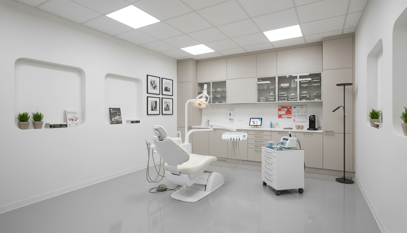 Sala de dentista con iluminación estándar, mostrando lámparas fluorescentes en rejillas.