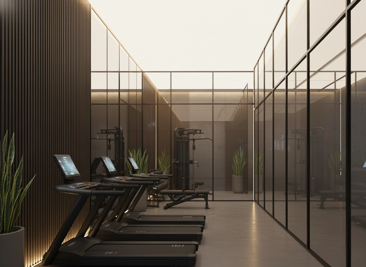 Gimnasio con tela tensada retroiluminada