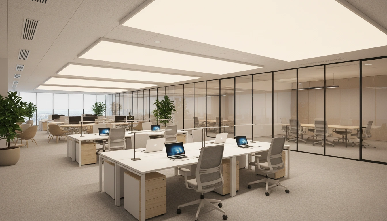 Oficina con tela tensada retroiluminada