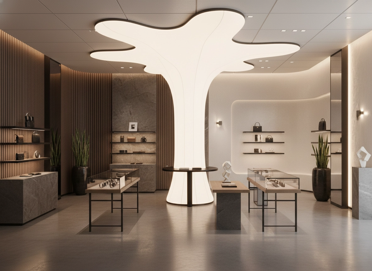 Tienda con tela tensada retroiluminada