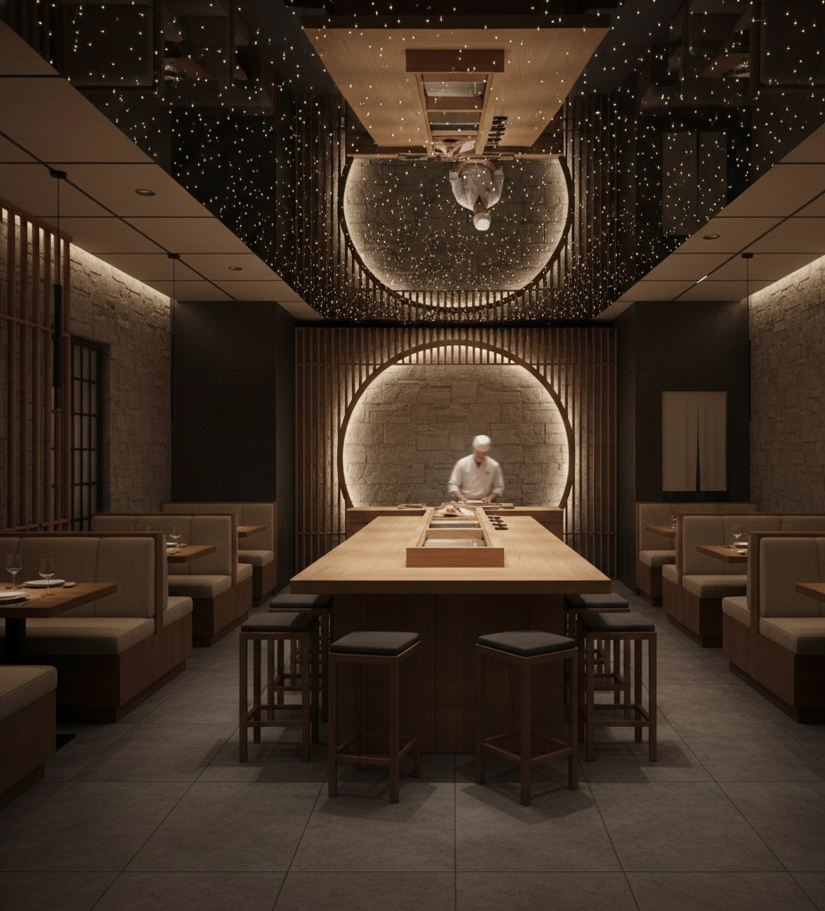 Restaurante con tela tensada retroiluminada