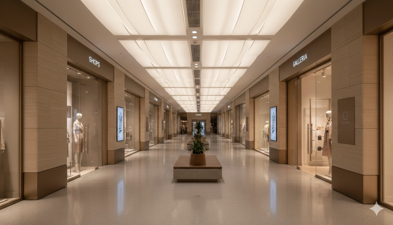 Centro comercial con tela tensada retroiluminada